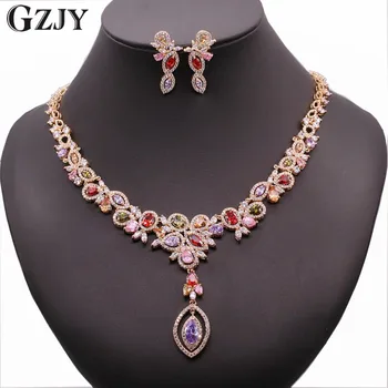

GZJY Luxurious Necklaces Earrings Jewelry Sets Exquisite Antique Gold Color Colorful Crystal Bridal Jewelry For Women Dress