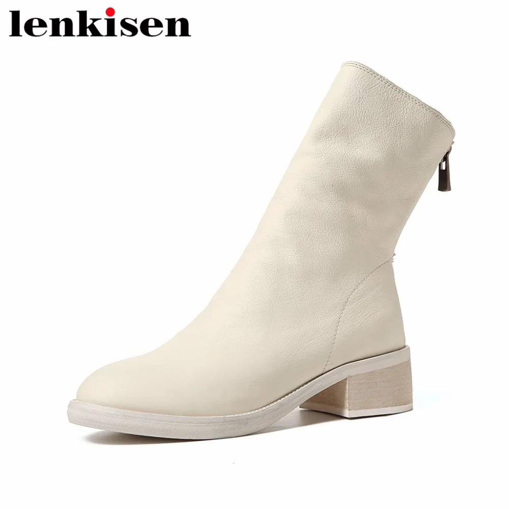 

Lenkisen breathable natural leather round toe zipper square med heels superstars young lady streetwear women mid-calf boots L52