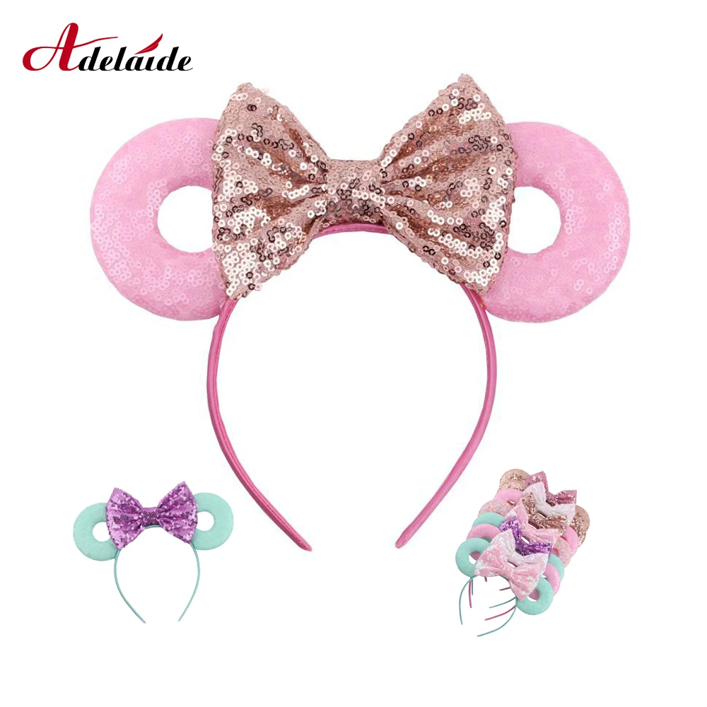 

5"Minnie Mouse Ears Headband 2019 New Arrival Glitter Sequins Bows Donut Hair band For Kids Girls Hair Accessories