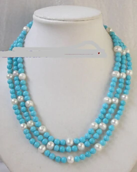 

ddh002936 BEAUTIFUL 3strand 8mm turquoise white round pearl necklace