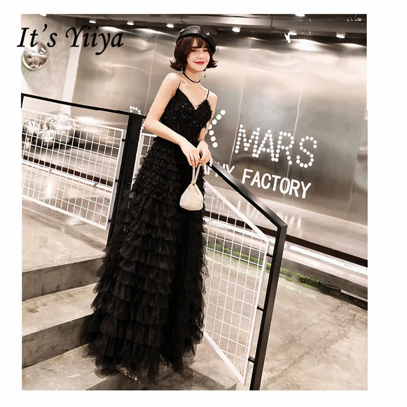

It's YiiYa Evening Dress 2019 Sequines Spaghetti Strap Multi-layer Tulle Long Women Party Dress Robe de Soiree Plus Size E500