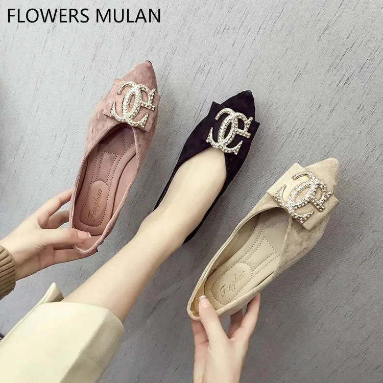 

Low Pricen Pink Black Beige Suede Girl Flats Pointed Toe Soft Rubber Heels Shoes Woman Slip On Loafers Shallow Flat Shoes 2019