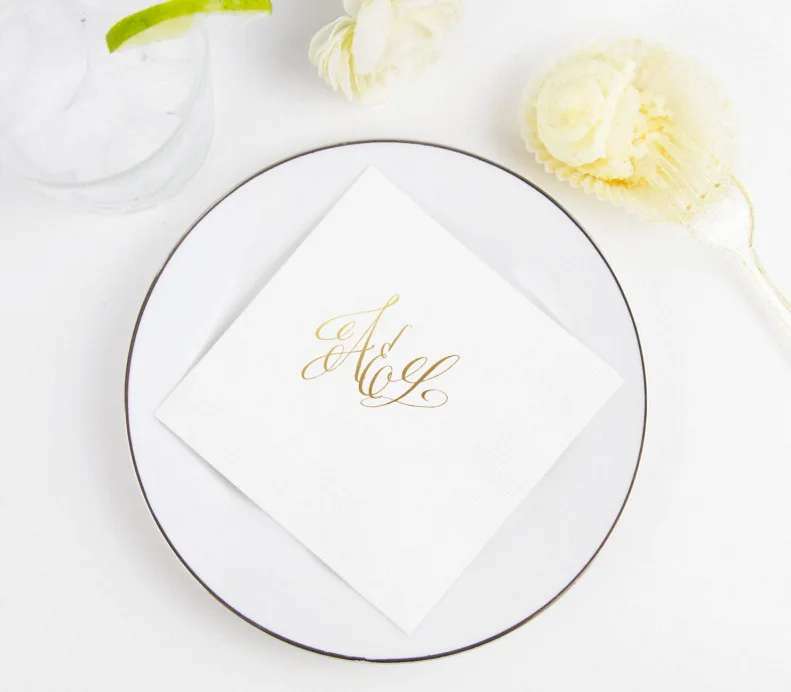 100pcs Personalized Gold Printed Napkins Mr& Mrs Name Engagement Party Custom Bar Paper Napkins Custom Wedding Napkins