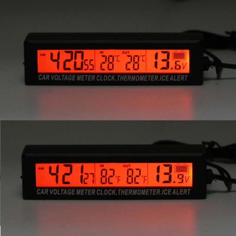 

Car Thermometer Voltmeter Auto Indoor Outdoor Termometro Temperature Voltage Meter Alarm Clock 95x15mm Blue Orange Backlight