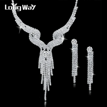 

LongWay New Arrival Silver Color Jewellery Set Luxury Women Bridal Jewelry Sets Crystal Long Necklace/Earrings Set SET150011