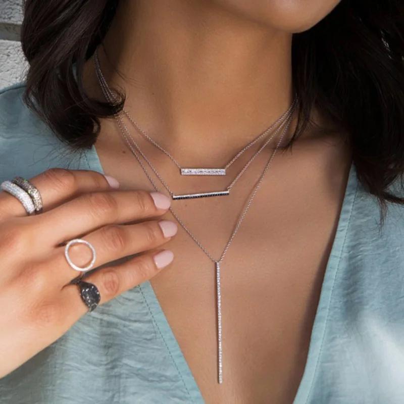 

2019 Unique shiny black white thin round cz stone paved long pendant necklace delicate link chain necklace women fashion jewelry