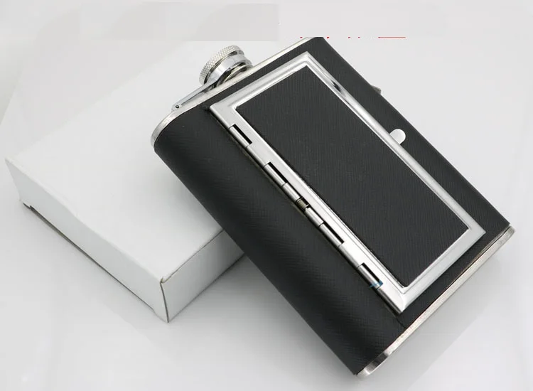 

portable 6oz liquor alcohol whiskey flagon wine pot cigarette box Stainless Steel BLACK PU leather 6 OZ HIP FLASK cigarette case