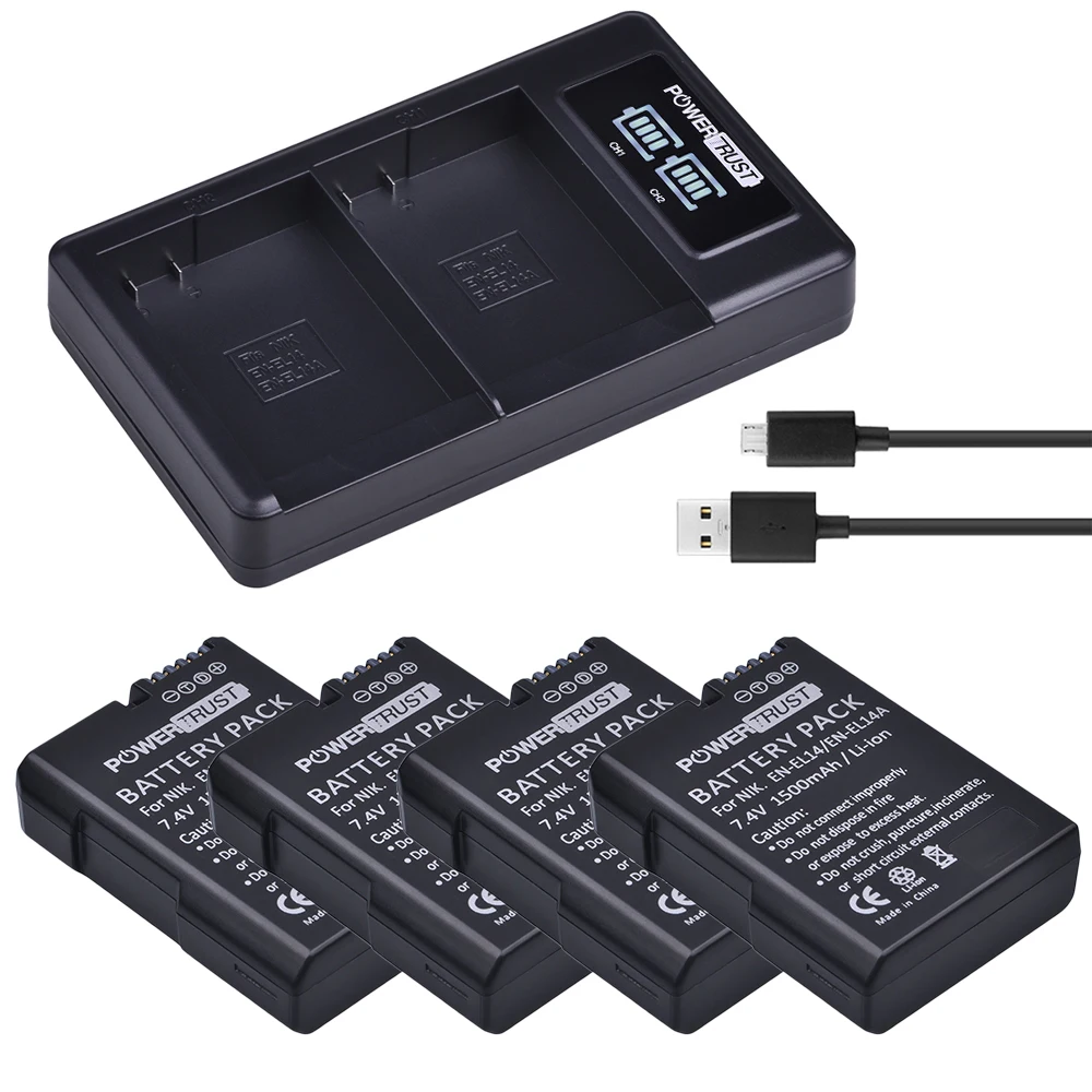 

4Pcs EN-EL14 EN-EL14a EN EL14 EL14 Battery + LED USB Dual Charger for Nikon P7800,P7100,D3400,D5500,D5300,D5200,D3200,D3300,Df
