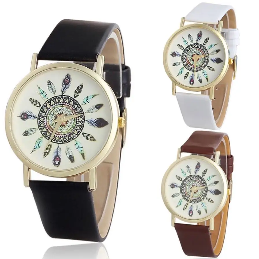 

2016 Womens wrist watches Vintage Feather Dial PU Leather Band Quartz Analog Unique reloj mujer kol saati Good-looking JUN 20
