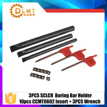 

3PCS SCLCR Lathe Boring Bar Holder +10pcs CCMT0602 Carbide Insert + 3pcs Wrench