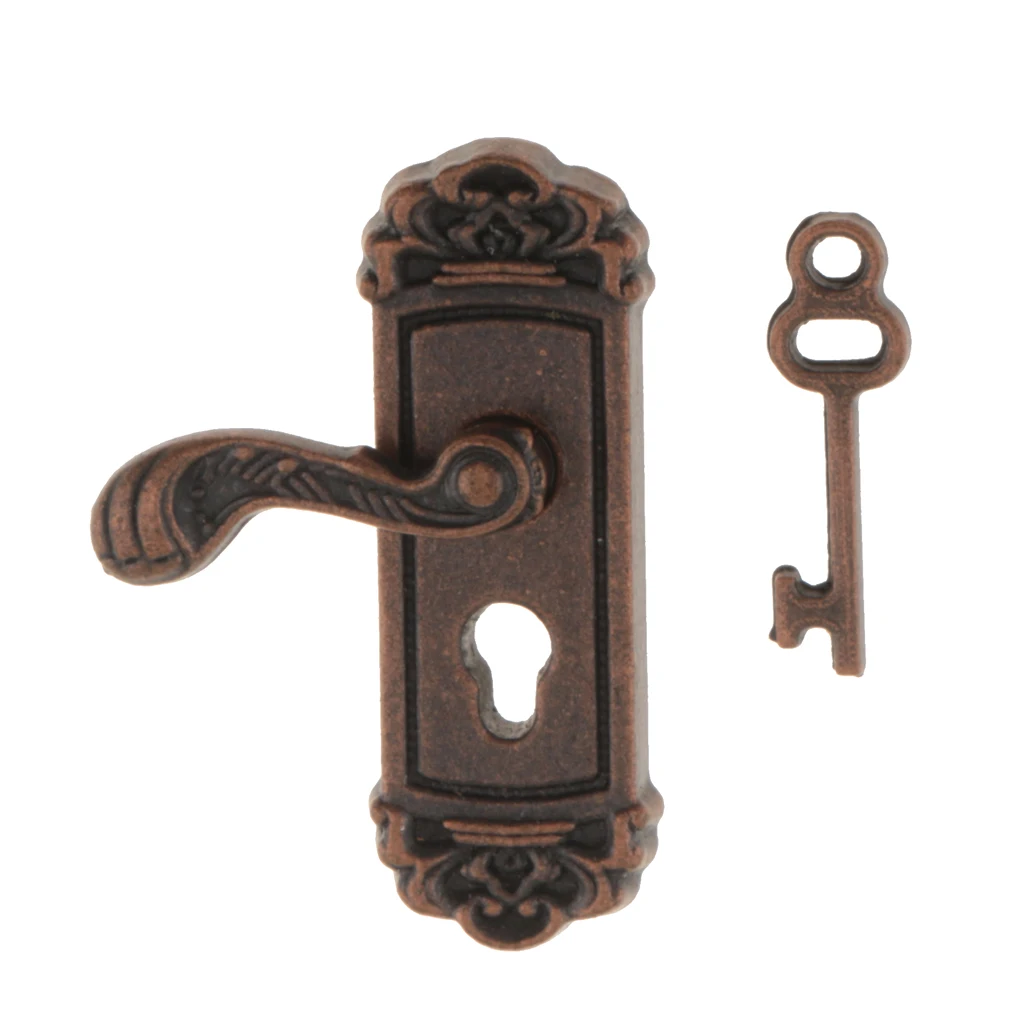 4 pcs 1:12 Vintage Metal Door Knob Plate Key Set Locks with Handle & Keys Dollhouse Miniature Left Handle