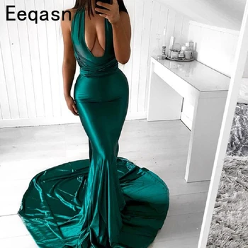 

Deep V Neck Prom Dresses 2020 New Elegant Long Silk Satin Mermaid Women Formal Evening Gown Vestido De Festa