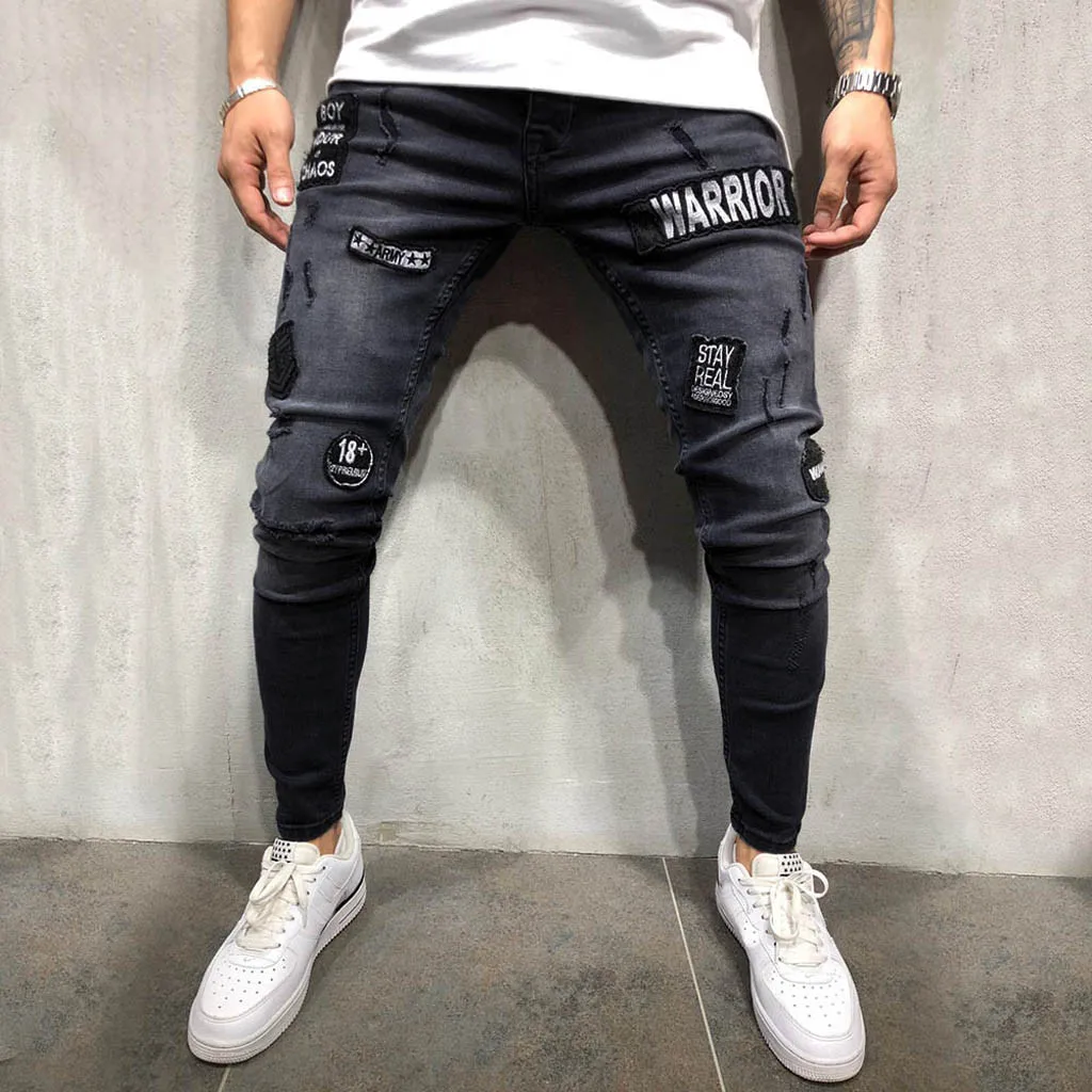 Для мужчин одежда 2019 узкие джинсы s стрейч джинсовые штаны homme rotos Distressed Ripped Freyed Slim Fit карман мотобрюки VE7