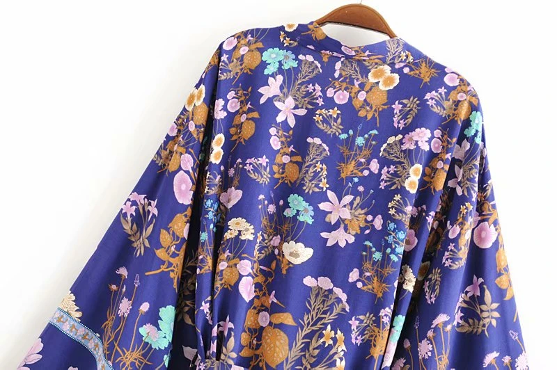 Vintage chic women floral print sashes bat sleeve beach Bohemian kimono dresses Ladies V neck Tassel Summer Boho dress vestidos