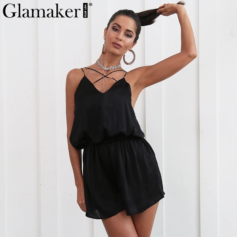 Женский сатиновый костюм с открытой спиной Glamaker черный пляжный комбинезон на