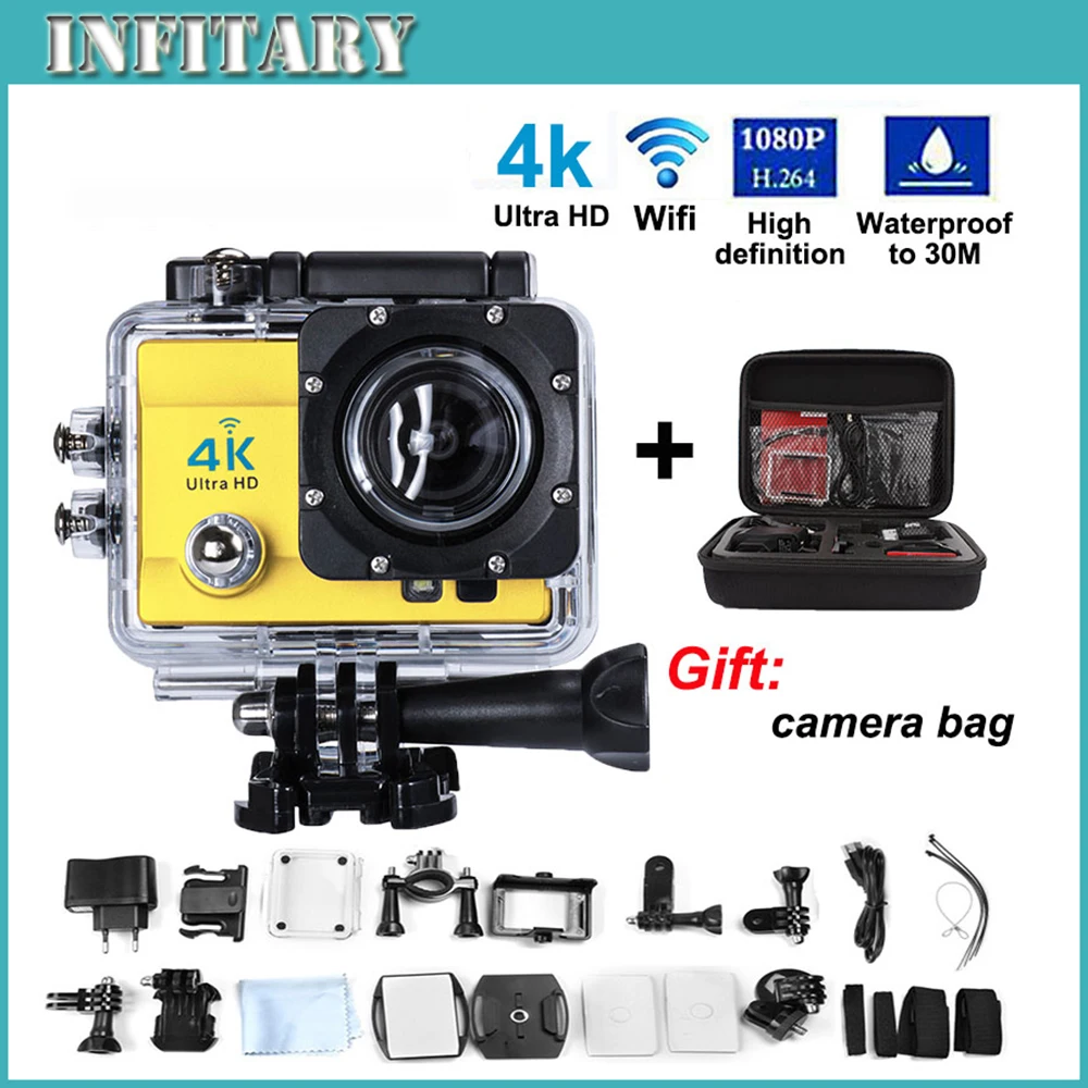 Action Camera 4K Ultra HD 1080P WIFI Sport Camera 2.0" 16MP 170 Wide Angle Lens Waterproof Sports Cam Add camera bag
