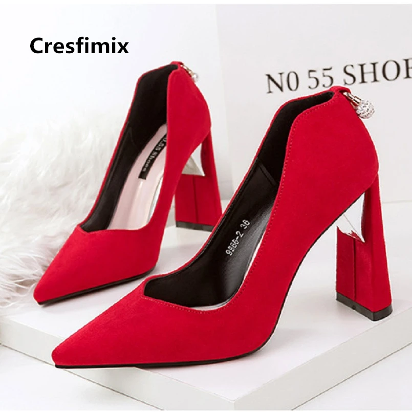 

Cresfimix femmes hauts talons lady casual street stylish square high heel shoes lady cute pointed toe shoes high heels c2608