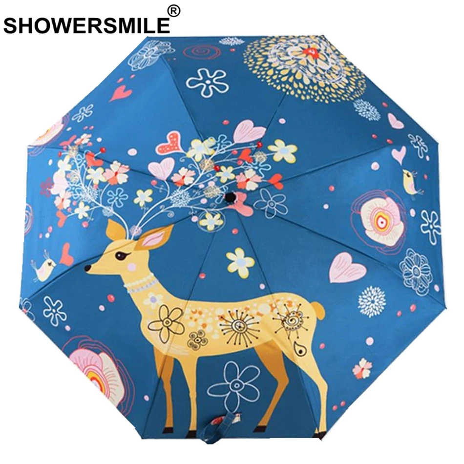 

SHOWERSMILE Women Umbrella Deer Three Folding Uv Umbrella Protection Manually Operated Lolita Ladies Painting Brolly