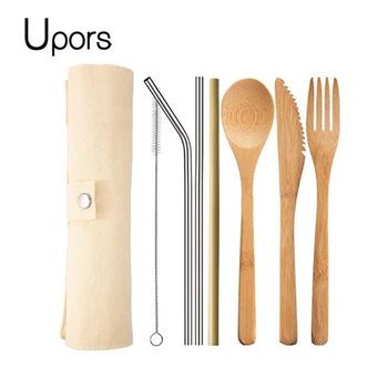 

UPORS Natural Bamboo Cutlery Set Reusable Wooden Cutlery Fork Spoon Knife Set with Cutlery Bag for Travel Tableware Utensil Set
