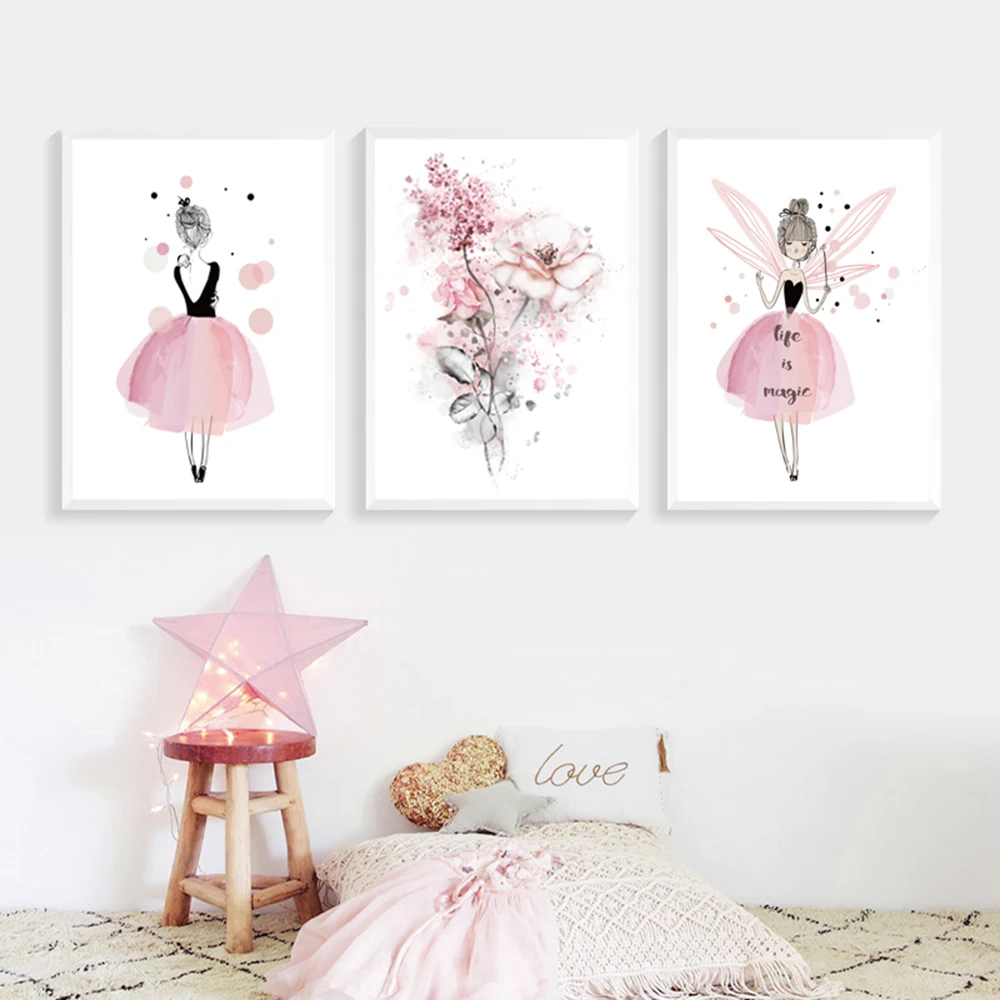 

3pcs Kids Room Decor Pictures Baby Girls Bedroom Picture Nursery Wall Art Pink Painting Posters and Prints Nordic