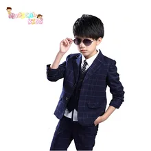 Fashion Three-piece Teen Suit Set Gentleman Boy Blazer Clothes Plaid Vest+Jacket+Pants Kids Wedding Party Boys Clothing Set
