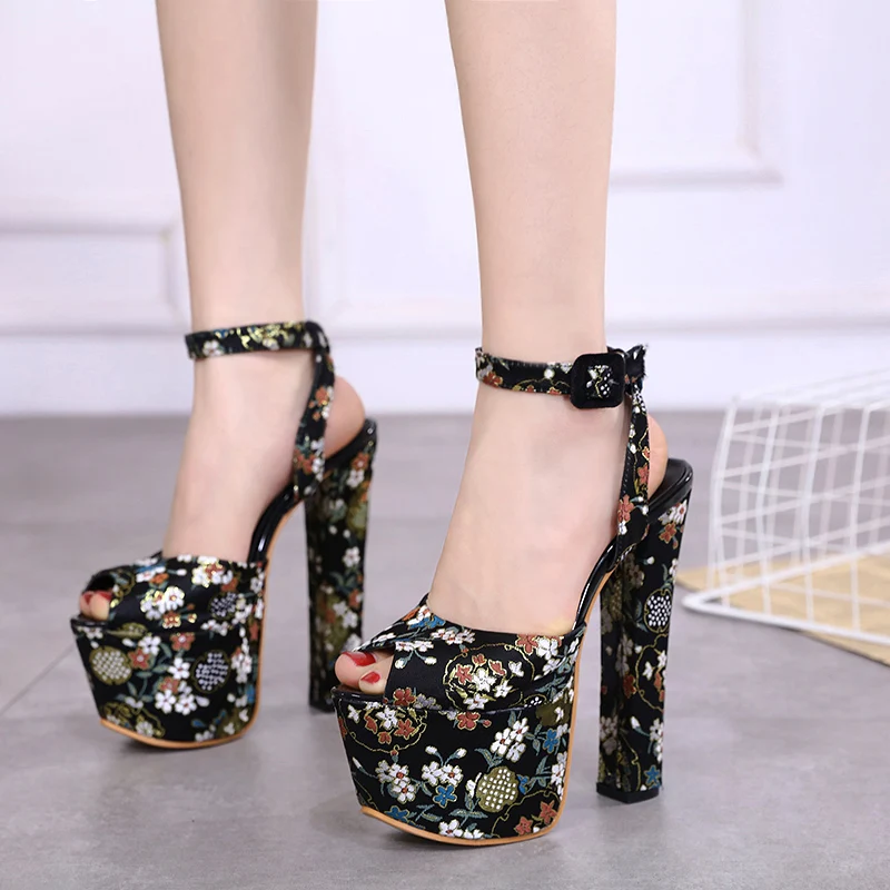 

luxury embroider Sandals Woman fashion high heels Slides summer buckle platform Shoes chunky heel peep toe shoes zapatos mujer