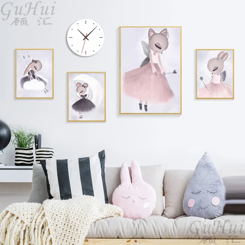 Modern Cartoon Spray Color Girls Mouse Rabbit Canvas Poster Print Wall Home Nursery Kids Bedroom Decoration Painting No Frame | Дом и сад