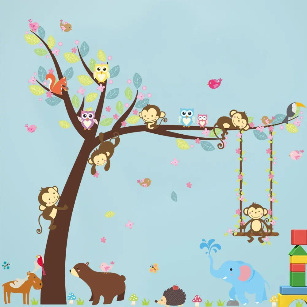 Kartun Hewan Hutan Monyet Owls Landak Pohon Ayunan Nursery Wall