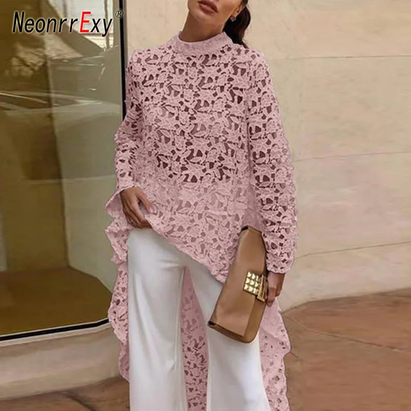 

Neonrrexy New Long Sleeve Lace Crochet Hollow Out Dress Women Fashion Stand Neck High Low Asymmetrical Irregular Hem Dress