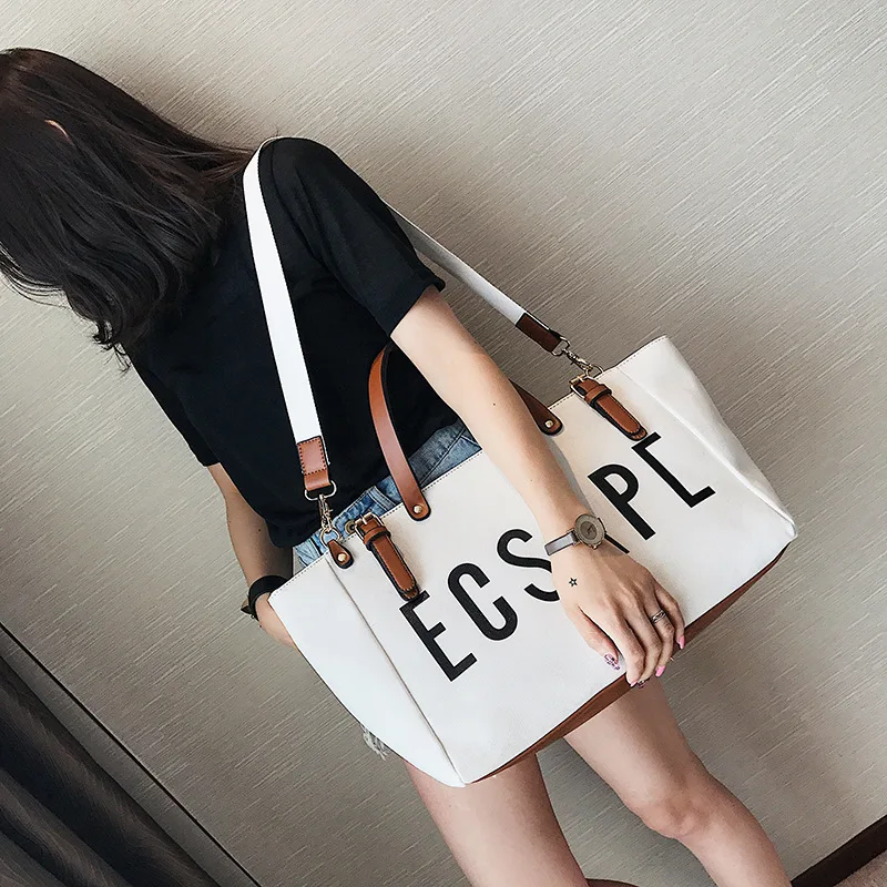 

2019 Large Pocket Casual Tote Lady's Handbag Canvas Leather Printing Lettter Crossbody Bag Shoulder Bag For Women