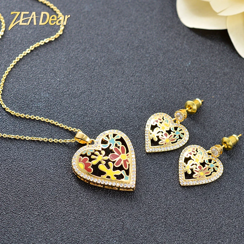 

ZEA Dear Jewelry Bohemia Heart Jewelry Set For Women Earrings Necklace Pendant Cubic Zirconia Enamel Jewelry Sets For Engagement