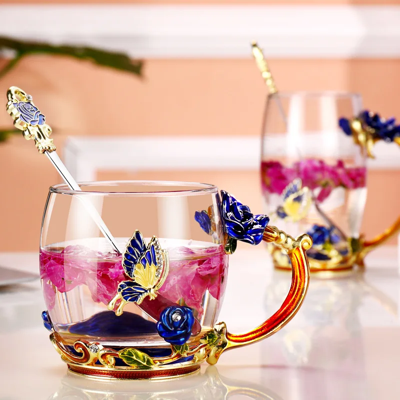 JOUDOO 320 мл/350 мл цветная эмалированная стеклянная кофейная кружки чашки для чая и кружки термостойкие очки Вода домашняя посуда для напитков подарок для влюбленных 35 - Цвет: blue spoon 320ML