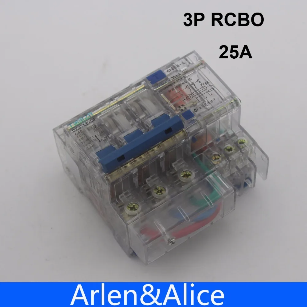 

Transparent DZ47LE 3P 25A 400V~ 50HZ/60HZ Residual current Circuit breaker with over current and Leakage protection RCBO