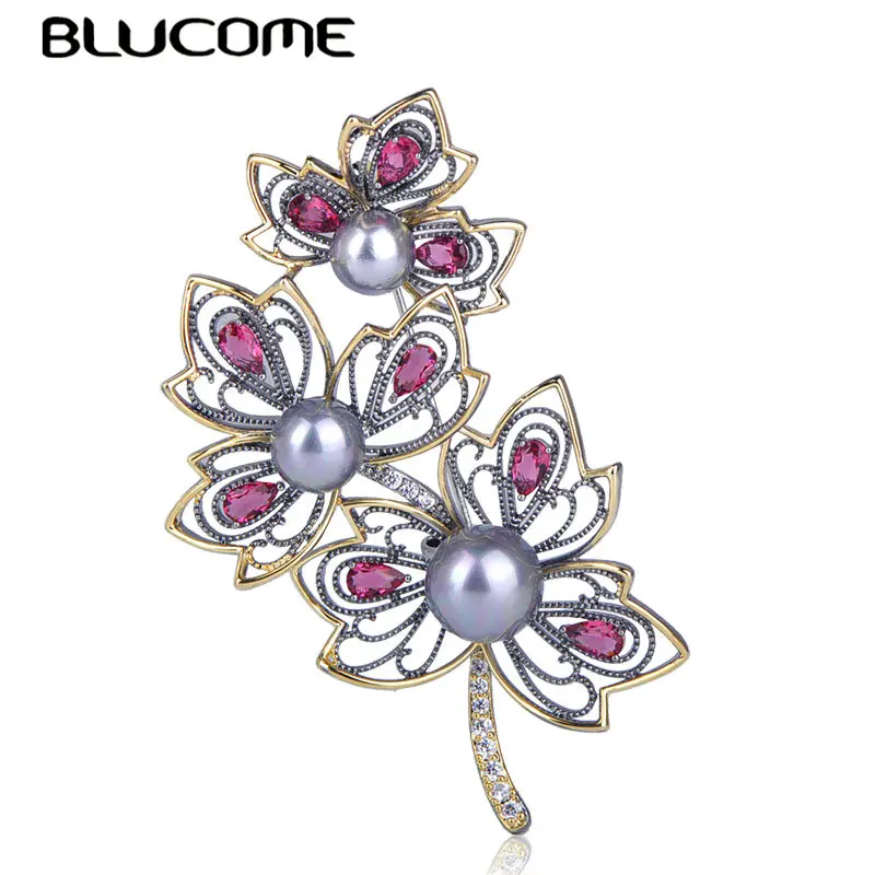 

Blucome Exquisite Maple Leaf Flower Shape Brooches For Women Girls Simulated Pearl Zircons Two Tones Color Copper Jewelry Pins