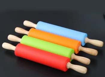 

100pcs/lot, 29.5*2cm New Cake Fondant Paste Stick Rolling Pin Wood Handle Silicone Rolling Pins Baking Tool Mold