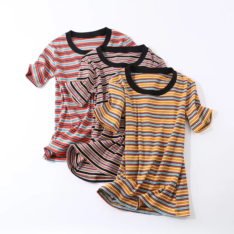 

2019 New Women Casual T-Shirt Striped O-neck Short Sleeve Cotton Korean Style Women Stretchable tshirt 3 Colors