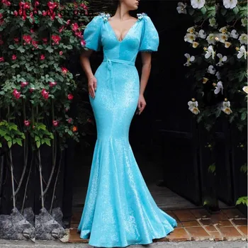

Saudi Arabian Mermaid Evening Dresses with Short Sleeves Sequined V Neck Dubai Caftan Zipper Formal Gowns 2019