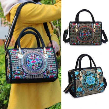 

THINKTHENDO Fashion Women Floral Embroidered Handbag Ethnic Boho Canvas Shopping Tote Zipper Bag Hot New Design