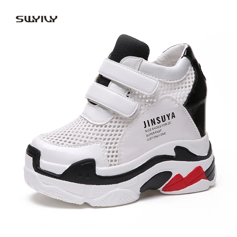 SWYIVY Platform Sneakers Summer Hollow Breathable 2018 Female Fashion Net Casual Shoes Wedge 12cm High Heel Sneakers Woman White