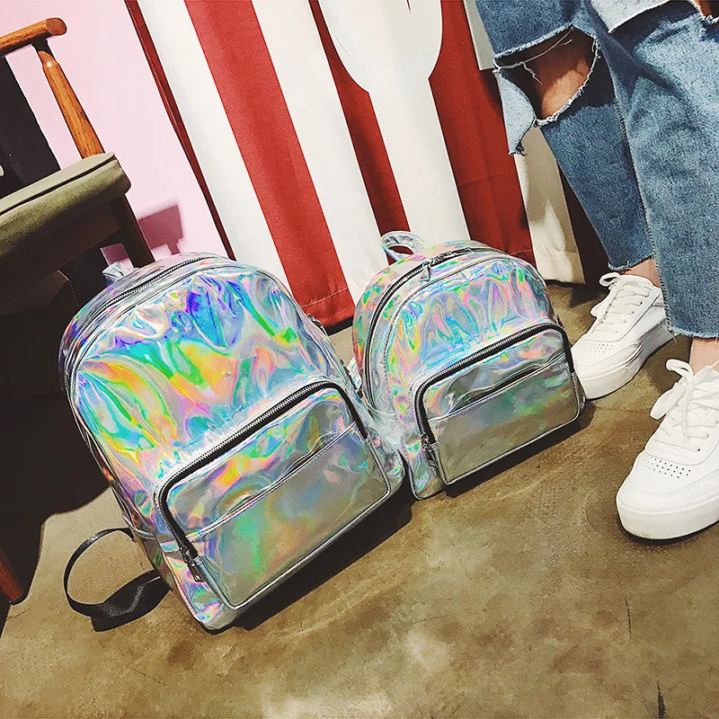 

2019 New Brand Designer Laser Male Backpack Hong Kong Style Holographic Backpack Youth PU Leather School Back For Teenage Girls