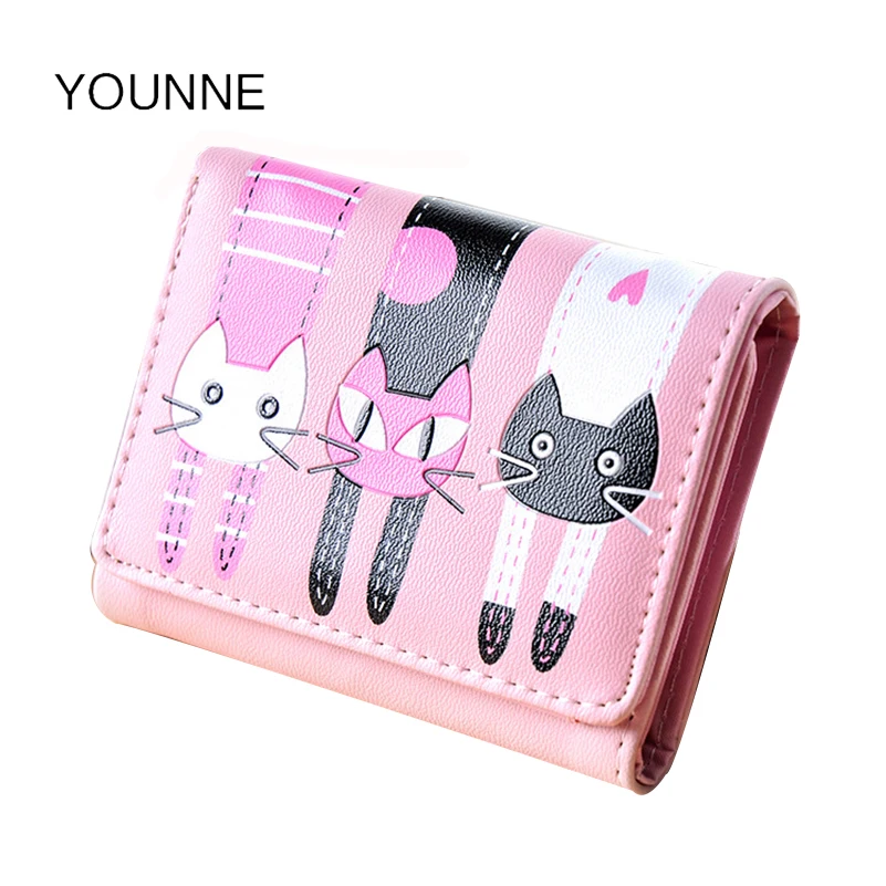 Younne women mini wallets cute kitty card holders for yong girls zipper