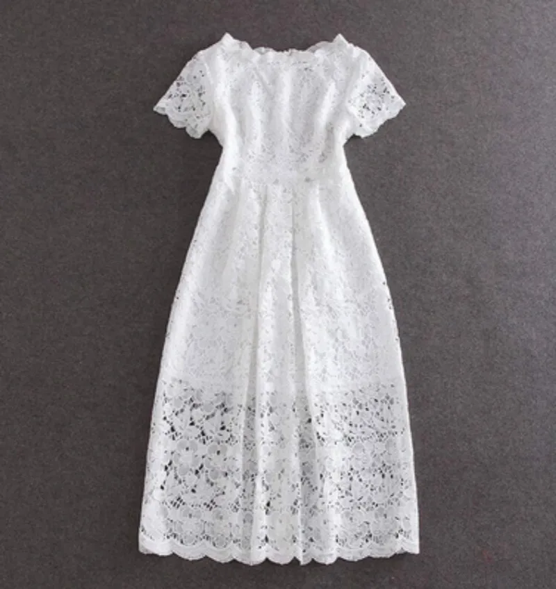 Модное летнее Белое Кружевное Платье макси с большим цветком, короткий рукав, полые, тонкий, элегантный для выпускного вечера, вечерние платья, большие размеры 3XL - Цвет: Белый