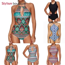 Цельный купальник сексуальный Монокини с вырезом Высокий Топ с завязкой на шее Печатный купальник с открытой спиной купальный костюм для женщин