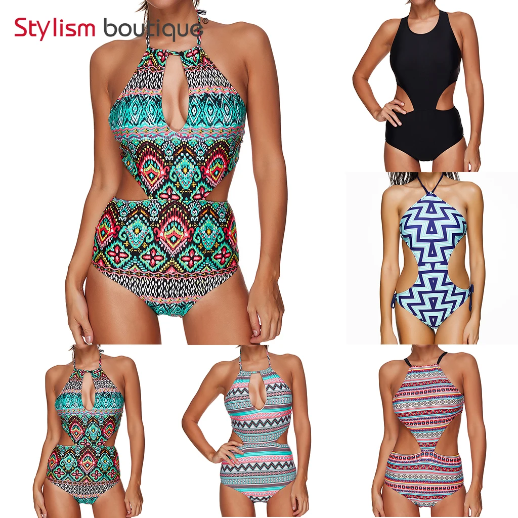 

One Piece Swimsuit Sexy Cut Out Monokini Halter High Neck 2018 New Printed Swimwear Backless Bathing Swimming Suit for Women
