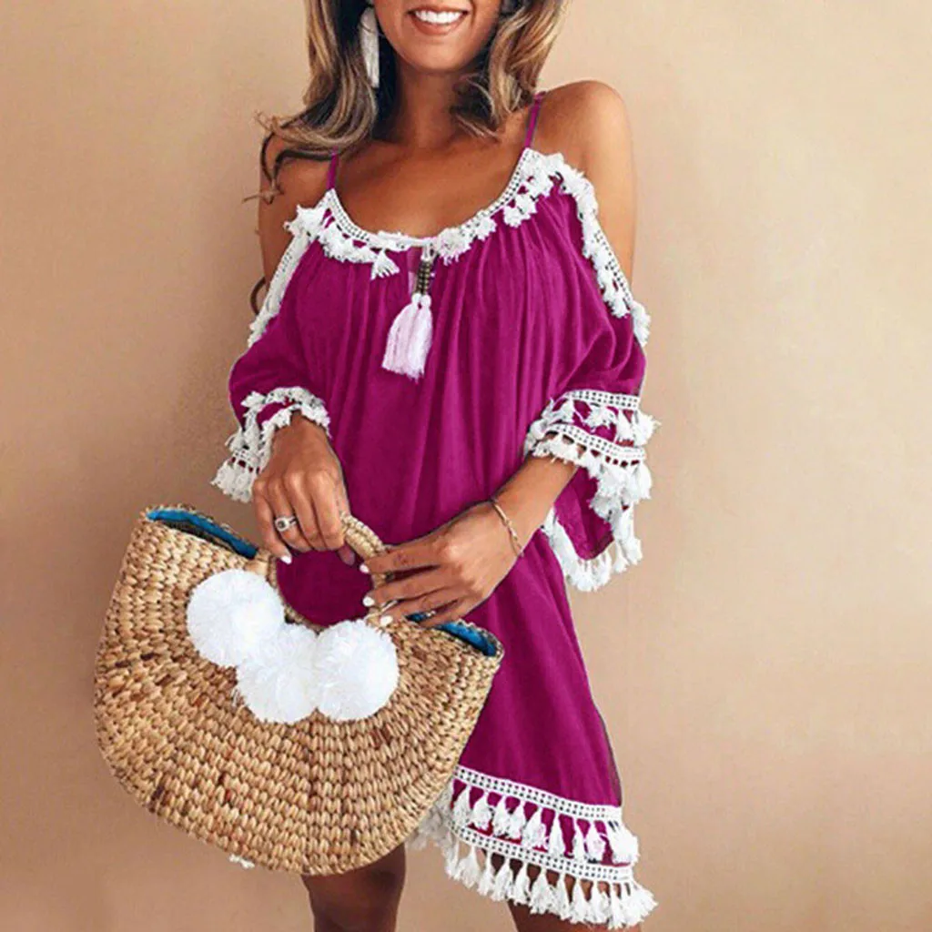 

2019 Summer Dress Women Off Shoulder Tassel Sexy Dress Patchwork Beach Mini Dresses Short Sleeve Sling Sundress sukienki damskie