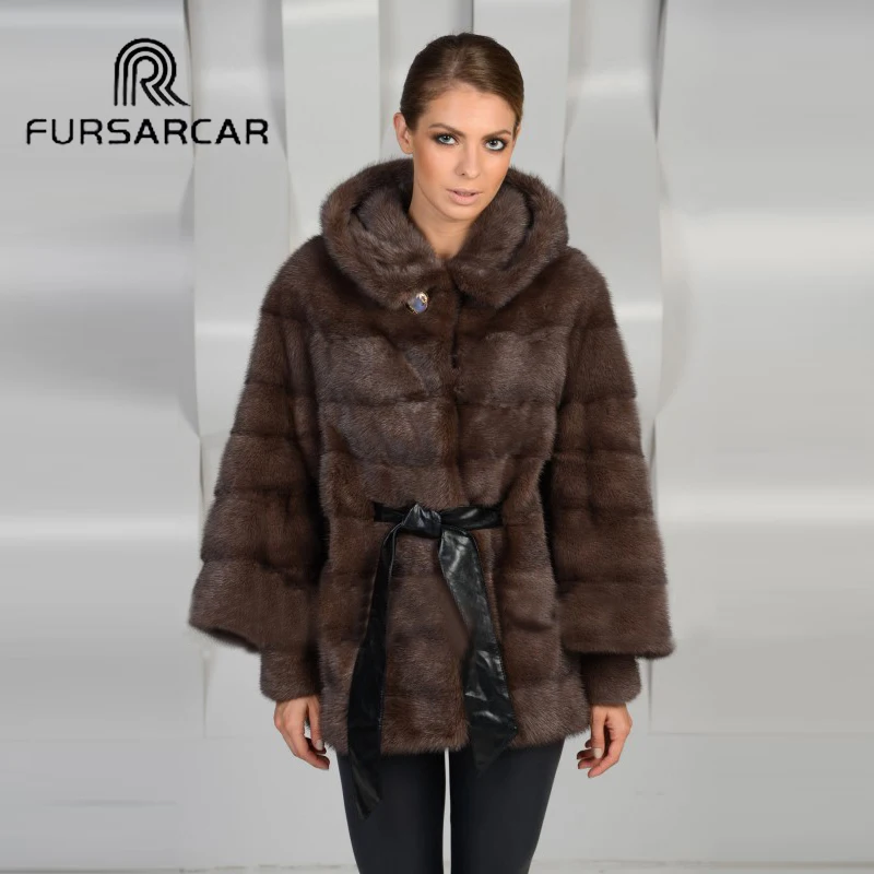 Шуба FURSARCAR женская с капюшоном из натуральной норки средней длины 70 см | Женская