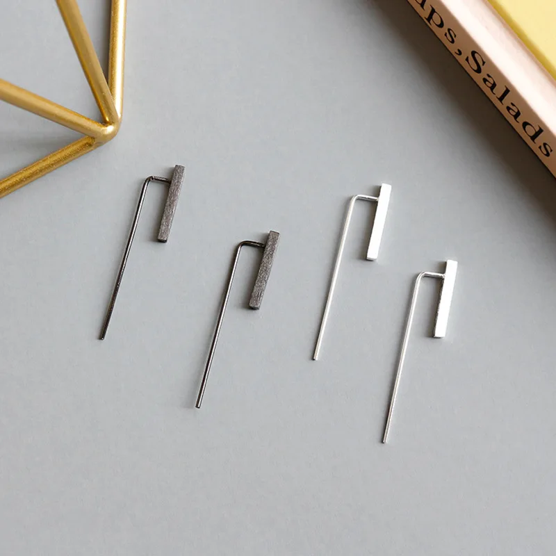 

Minimalism 100% Authentic 925 Sterling silver black enamel Geometric Straight Lucky Bar dangle Earrings Fine jEWELRY E92