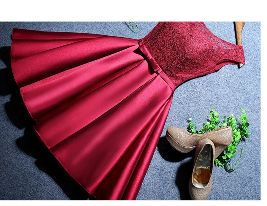 Простые бордовые атласные платья для выпускного вечера дешевые серые цвета шампанского ТРАПЕЦИЕВИДНОЕ короткое коктейльное платье длиной до колена