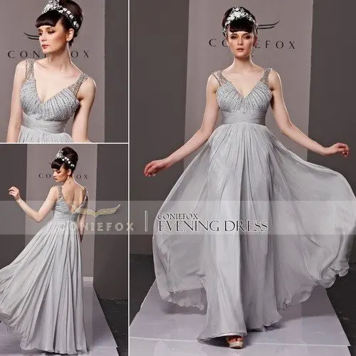 Kingfox V-Neck Silver Empire Elegant Princess Evening Dress 81195 | Свадьбы и торжества