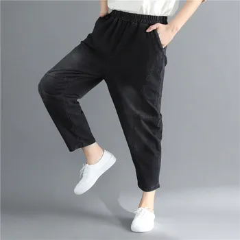 

2019 New Arrival Women Elastic Waist Jeans Pants Female Patchwork Loose Denim Pants Spliced Vintage Pockets Black Trousers